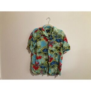 George Hawaiian Button Up Shirt Size M Men Flamingos  Palm Tree Short‎ Sleeve